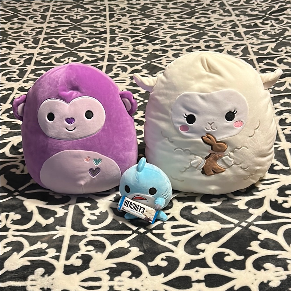 Squishmallows Purple Penguin, Cream Lamb, and Blue Narwhal Set
